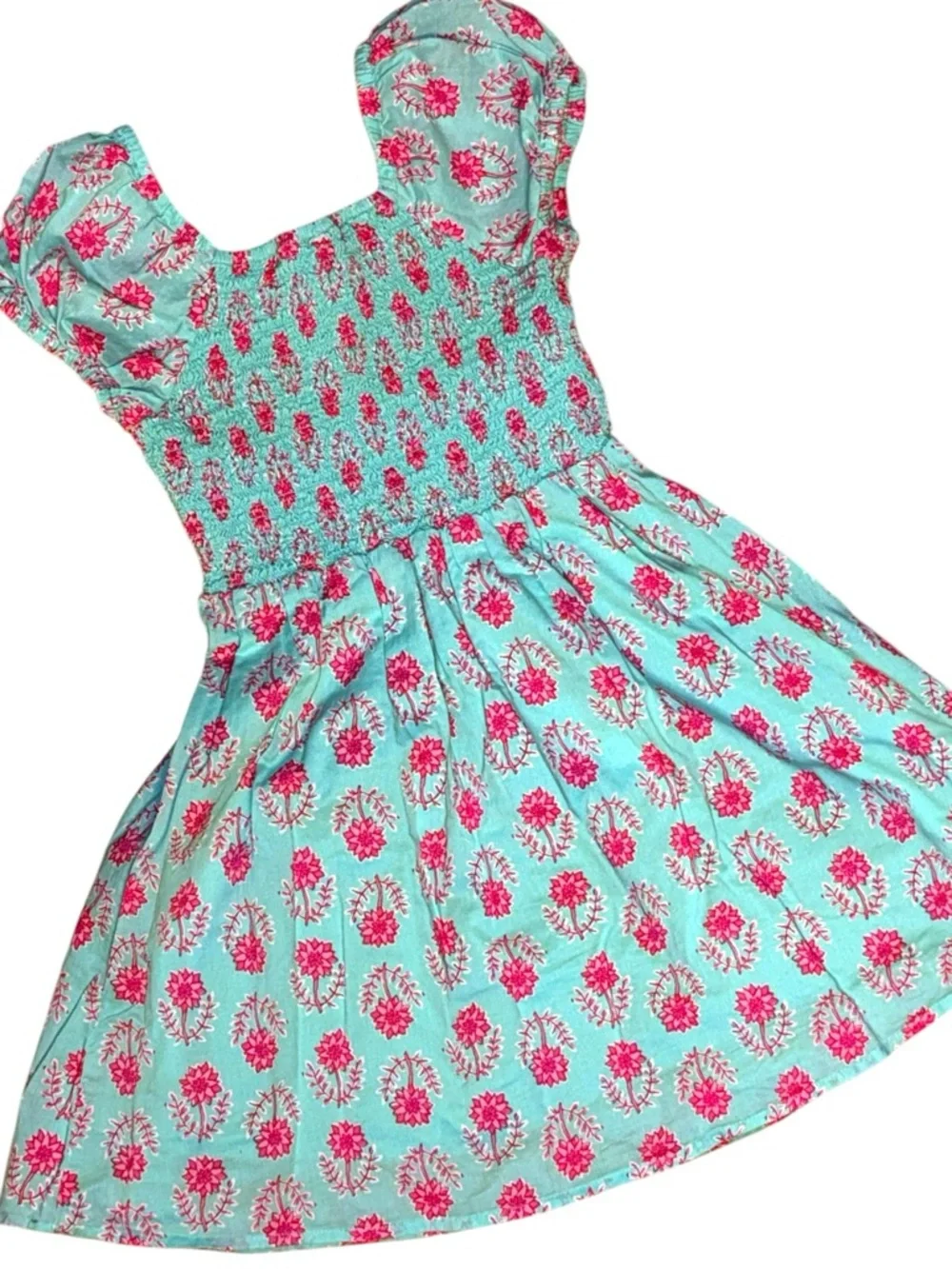 Crewcuts Girls Size 8 Aqua Pink Floral Smocked Dress Puff Sleeve Cotton